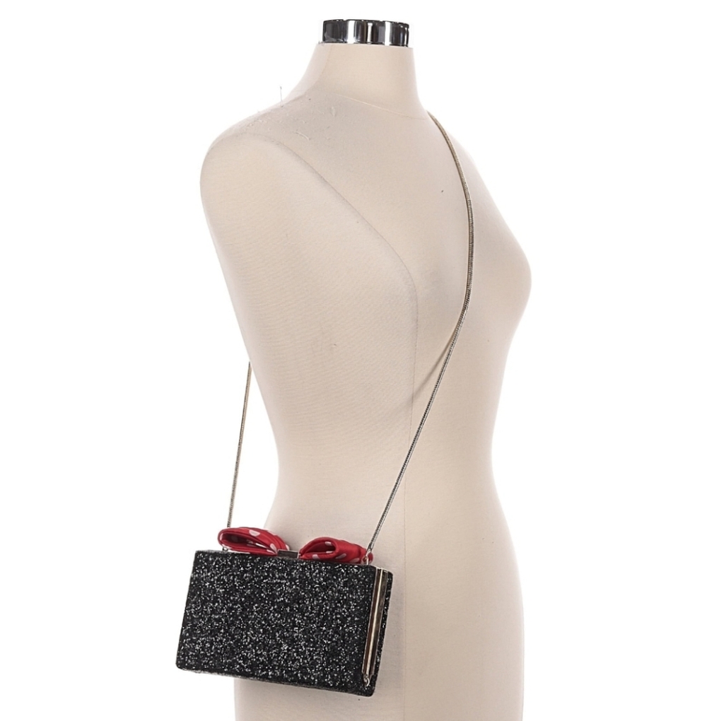Elegant Black Glitter Clutch with Red Accents Dust Bag Included